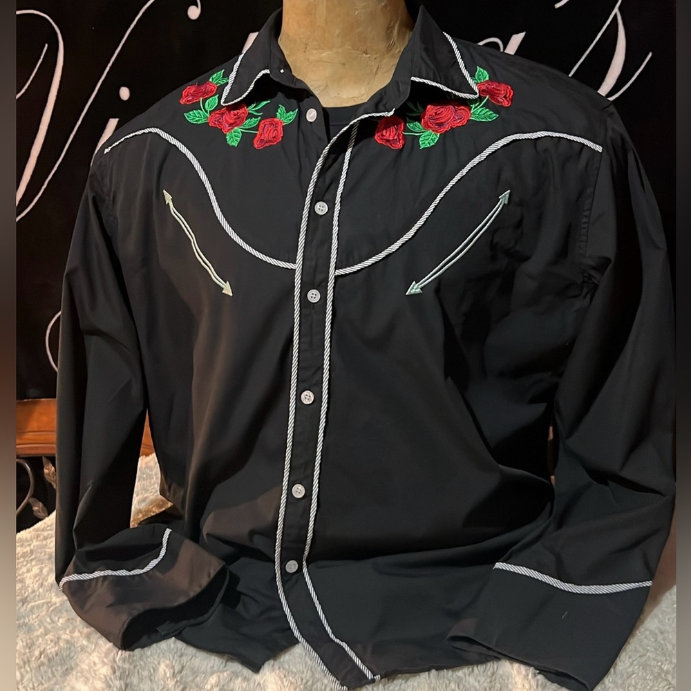COOFANDY Men's Cowboy Shirts Embroidered Rose Design Shirt Western Long Sleeve